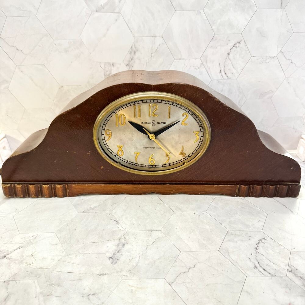 General Electric Mantle Clock Model 414 Art Deco MCM Chime Wood 1950s Needs Work